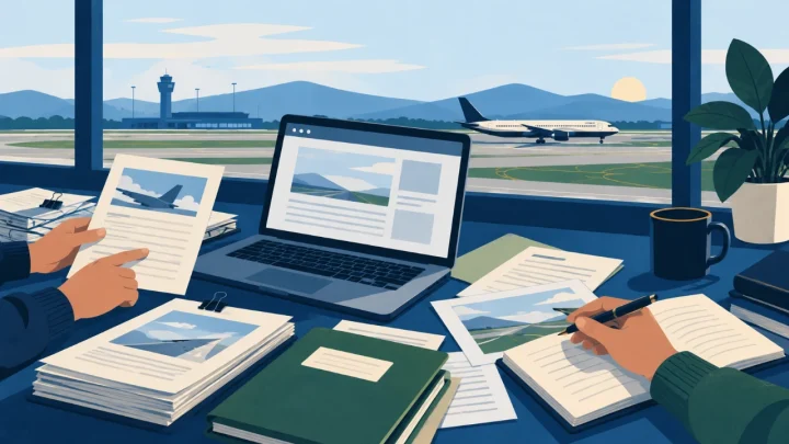 Conceptual cartoon illustration of anonymous contributors organising aviation research and publishing materials.