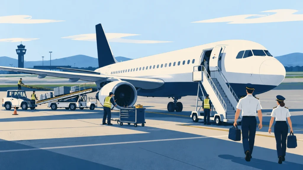 Cartoon illustration of an unbranded aircraft, flight crew and ground-service team preparing an ACMI operation.