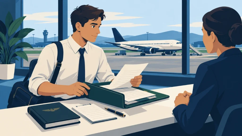 Cartoon illustration of a pilot applicant organising documents for an airline recruitment conversation.