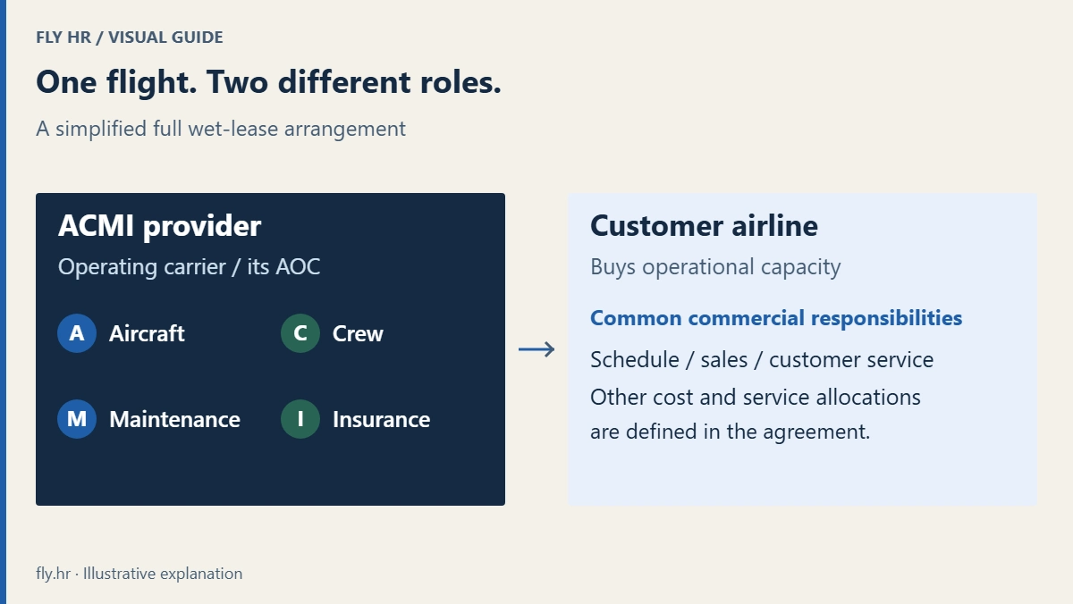 The ACMI provider supplies aircraft, crew, maintenance and insurance and operates under its AOC. The customer buys capacity and commonly handles the commercial programme; the agreement defines the split.