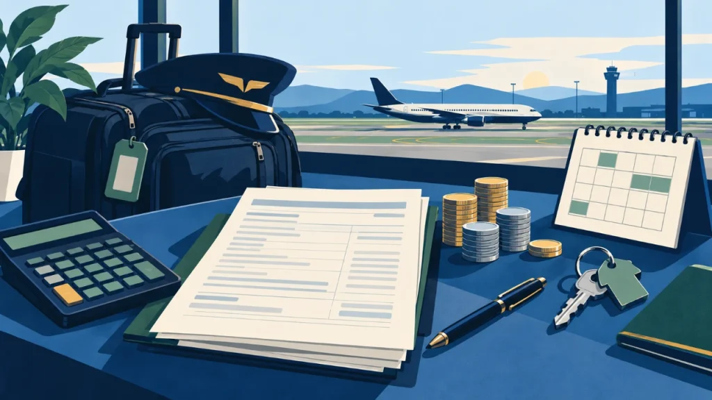 Cartoon illustration of pay documents, a calculator, calendar and travel equipment for reviewing an ACMI compensation package.