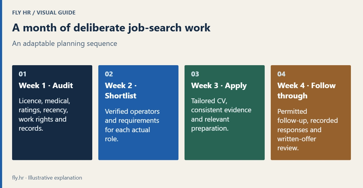 A four-week ACMI search plan: audit your profile, shortlist verified roles, apply with consistent records, and follow up through official channels.