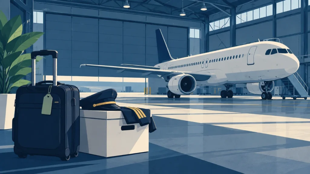 Conceptual cartoon illustration of a parked aircraft and stored crew equipment representing an airline closure.