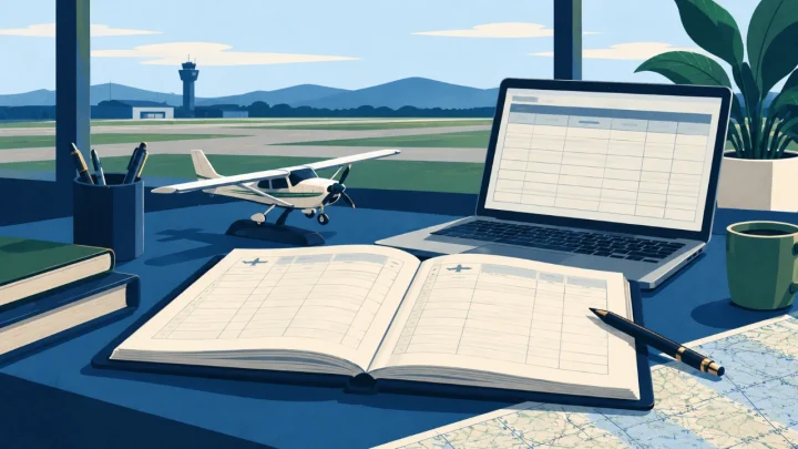 Cartoon illustration of a logbook and worksheet for planning pilot experience.