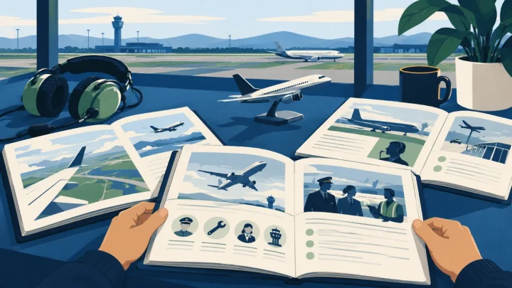 Cartoon illustration of an aviation career reading corner with guides, aircraft model and headset.