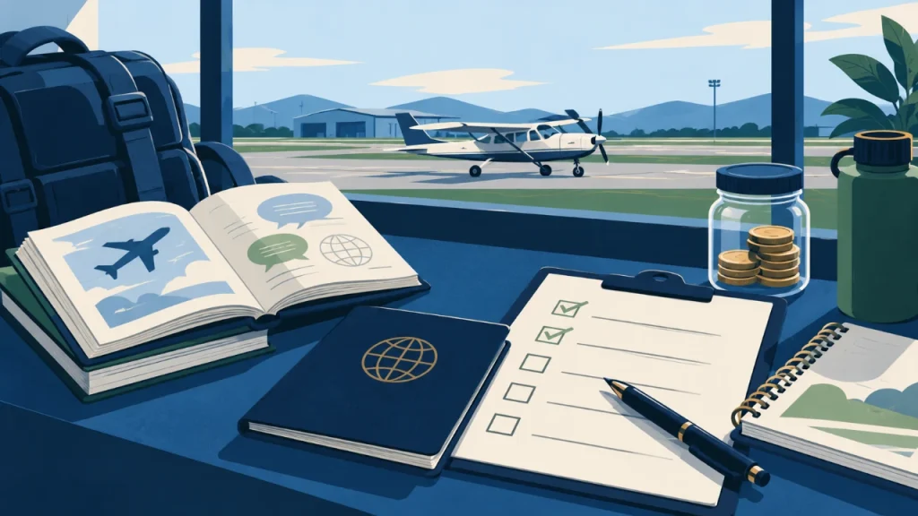 Cartoon illustration of eligibility documents and training-planning materials for an aspiring airline cadet.