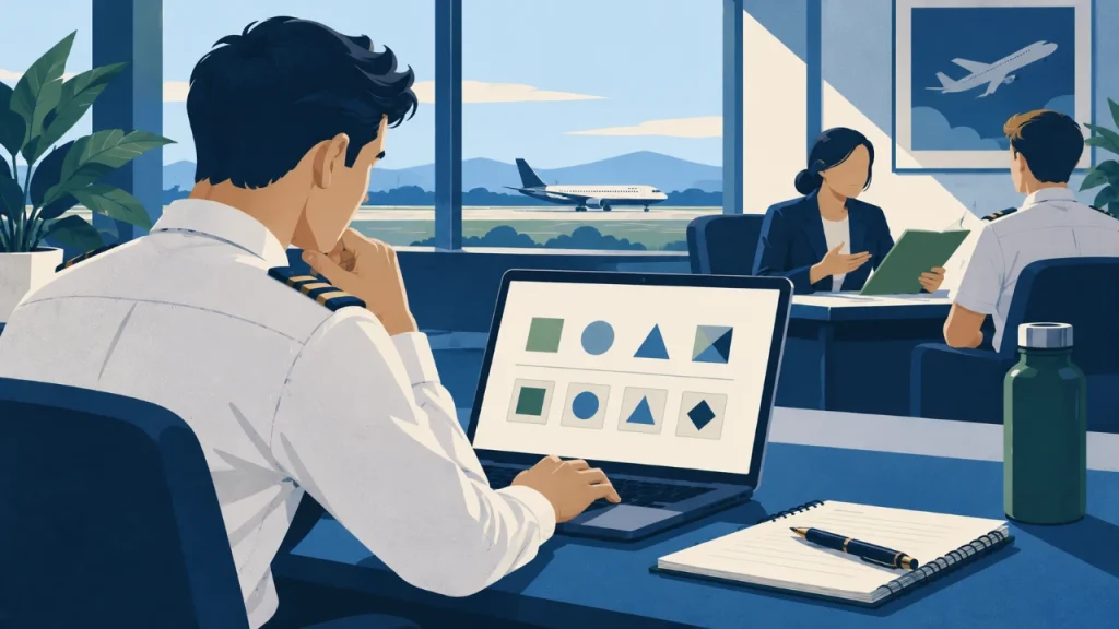 Cartoon illustration of anonymous cadets undertaking abstract aptitude tasks and an interview discussion.
