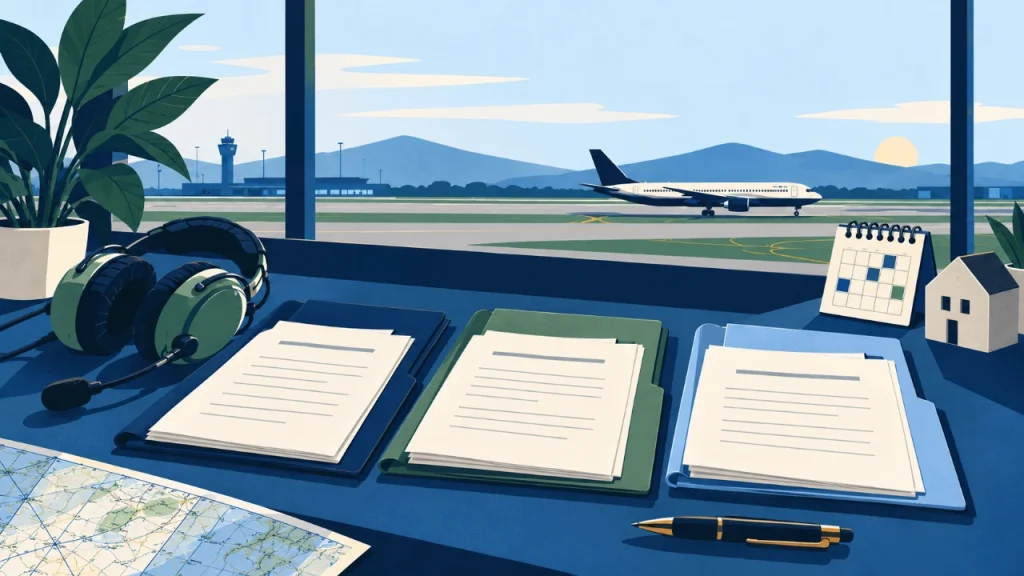 Cartoon illustration of three unbranded offer folders, a pilot headset, calendar and house model on an airport planning desk.