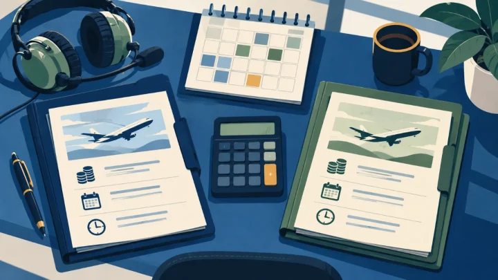 Cartoon illustration of two equally presented airline offer folders, calculator and roster calendar.