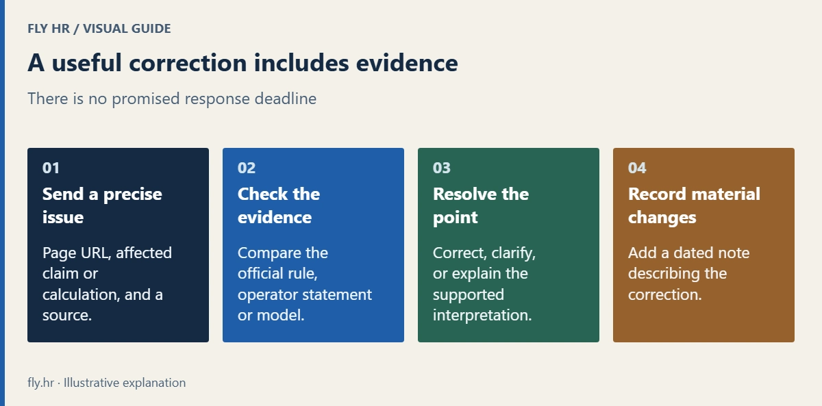 Correction workflow: submit the page URL, issue and evidence; check it; correct, clarify or explain; record material changes with a dated note.