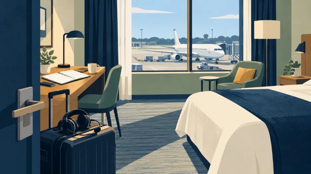 Original editorial illustration of a crew suitcase, headset and calendar in an airport hotel room.