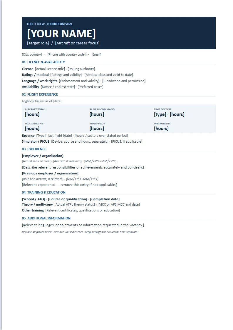 Preview of the actual Fly HR Word CV template, showing licence details, dated hours and experience placeholders.