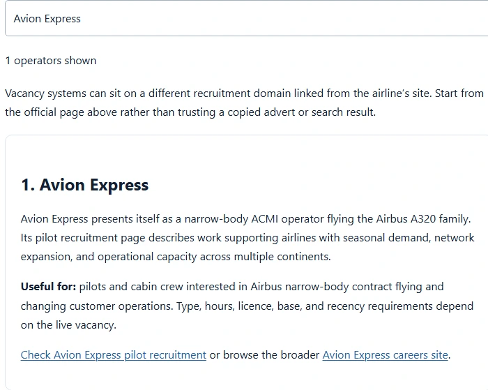 Screenshot of the ACMI careers directory filtered to one real operator entry.