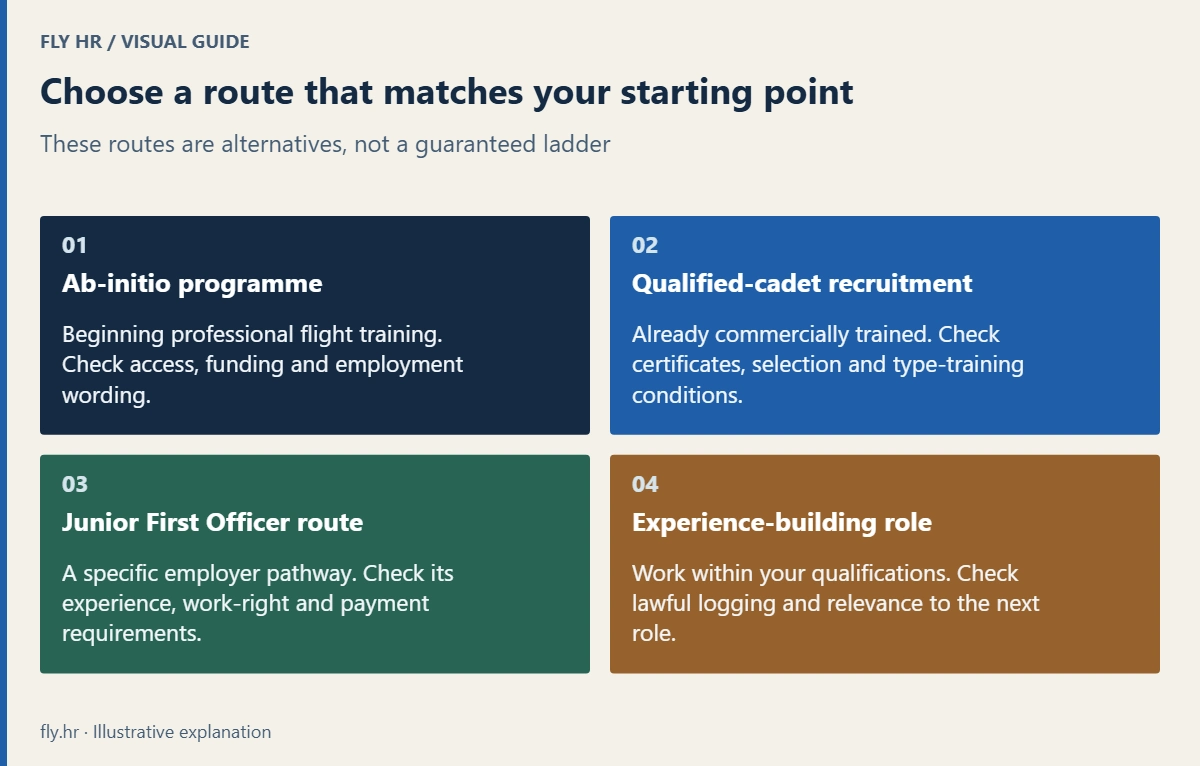 Four early-career routes: ab-initio programmes for applicants beginning training; qualified-cadet recruitment for trained pilots; employer-specific Junior First Officer routes; and lawful experience-building roles.