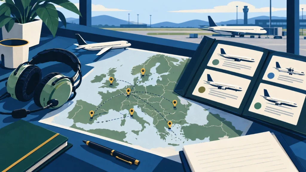 Cartoon illustration of a simplified European airport map and operator research folder for the ACMI airline directory.