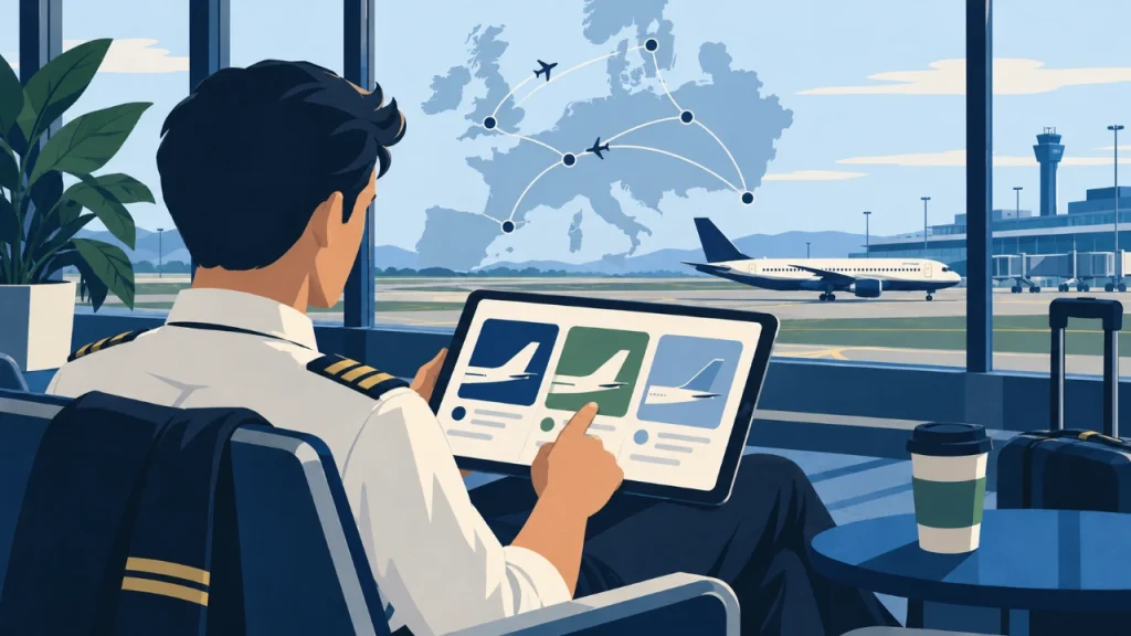 Cartoon illustration of a pilot researching airline opportunities across a simplified European airport network.