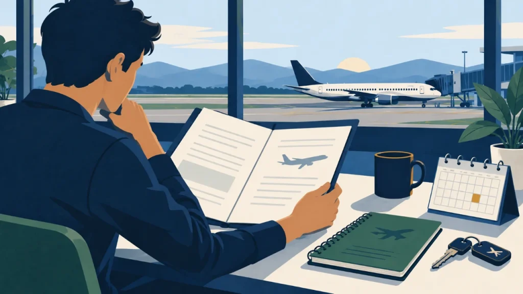 Cartoon illustration of a pilot reviewing an offer alongside roster, base and training considerations.