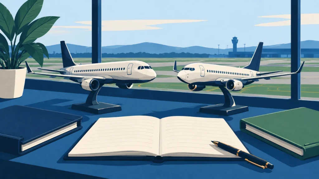 Cartoon illustration of two unbranded narrowbody aircraft models and training materials representing a fleet career choice.