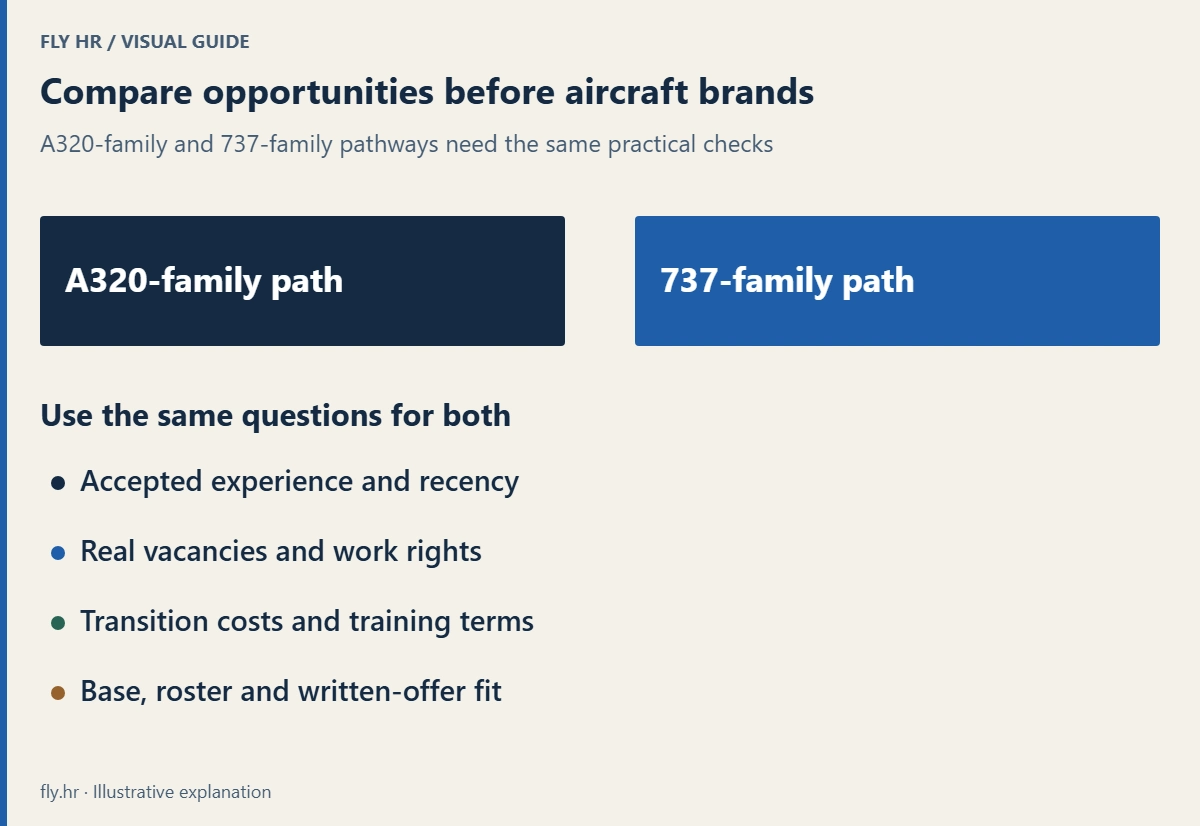 Two aircraft-family options lead to the same checks: accepted experience and recency, actual vacancies and work rights, transition costs and training terms, base and roster fit. No pay or hiring ranking is shown.