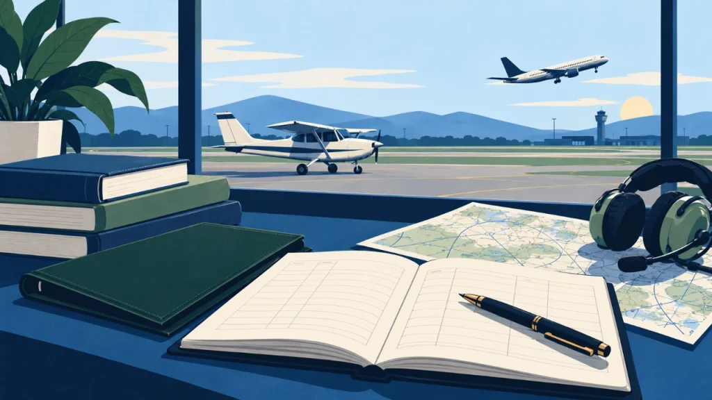 Cartoon illustration of pilot training records and aircraft representing the pathway from initial qualifications to airline experience.