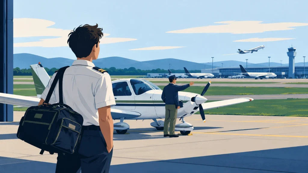 Cartoon illustration of a newly qualified pilot considering flight-training and airline career routes.