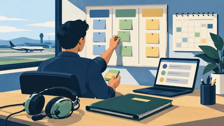 Cartoon illustration of an aviation applicant organising applications and follow-up plans.