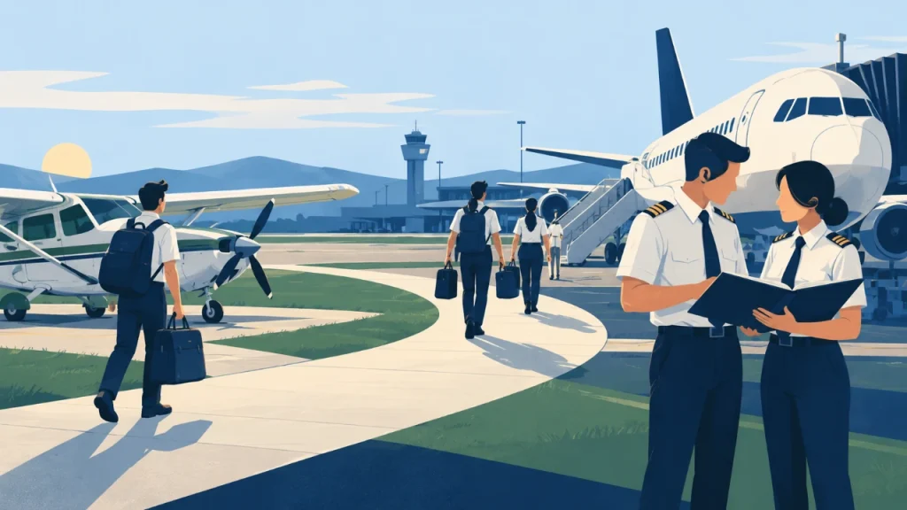 Cartoon illustration of a career path from flight training through airline crew experience and command preparation.