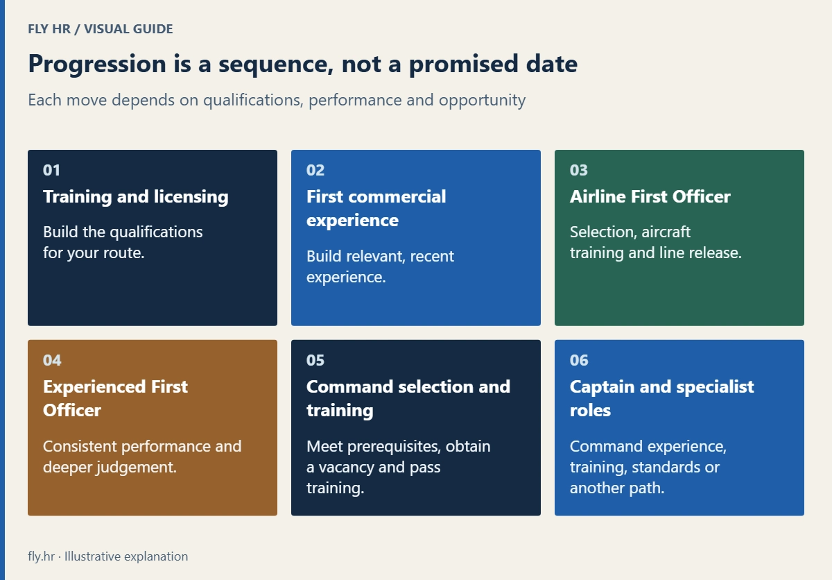 Six career stages: training and licensing, first commercial experience, airline First Officer, experienced First Officer, command selection and training, Captain and specialist roles. No fixed duration or automatic promotion is implied.