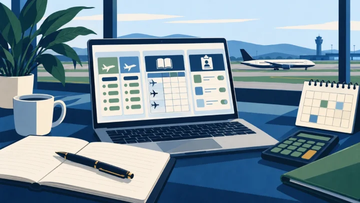 Cartoon illustration of an aviation planning workstation representing comparison, experience and application tools.