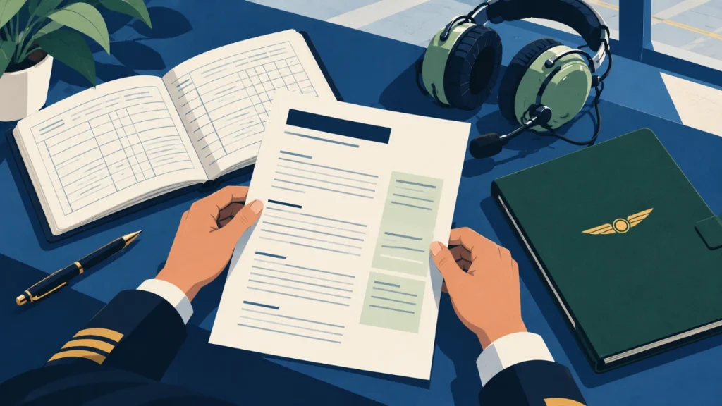 Cartoon illustration of a pilot applicant arranging a CV, logbook and qualification documents.