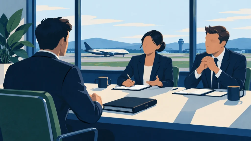Cartoon illustration of an anonymous pilot applicant discussing experience with an interview panel.