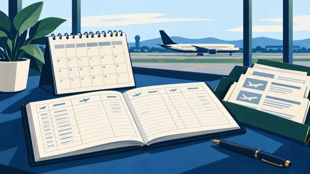 Cartoon illustration of a pilot logbook, calendar and vacancy research folder representing flying-recency research.