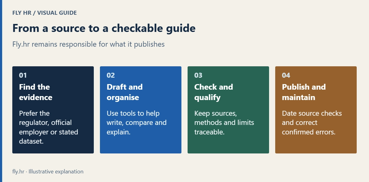 Editorial workflow: find primary evidence, draft and organise, check claims and limitations, then publish source dates and maintain corrections. This is not a claim of independent expert review.