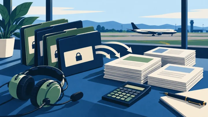 Conceptual cartoon illustration of private compensation reports organised into grouped aviation salary research.