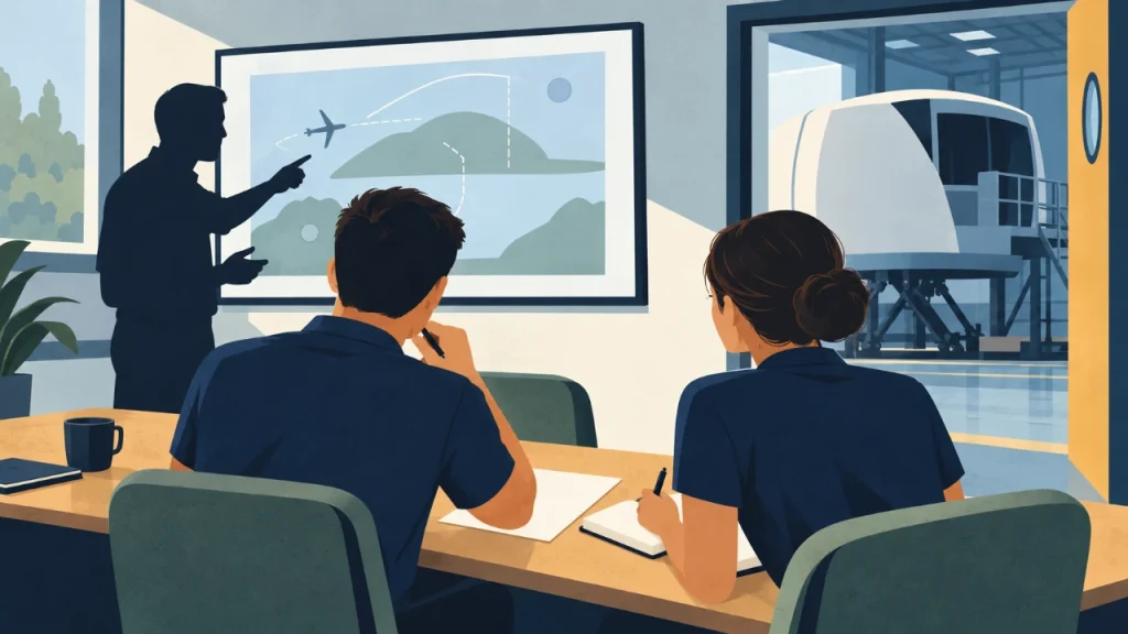 Original editorial illustration of two trainees listening to a briefing beside a simulator.