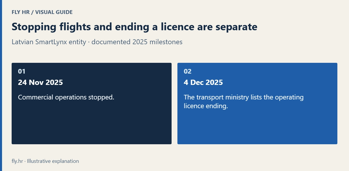 SmartLynx stopped operations on 24 November 2025; Latvia’s transport ministry lists the operating licence ending on 4 December 2025. These are different milestones.
