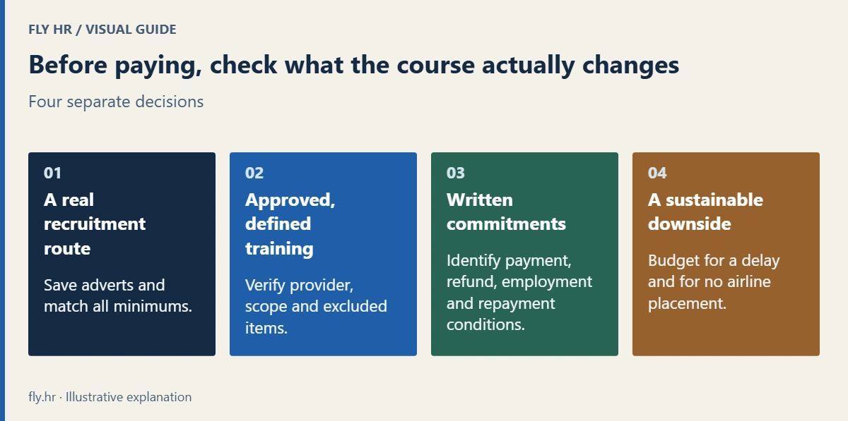 Before buying a type rating, check a real recruitment route and eligibility, verify approved training and scope, obtain written commitments, and make delayed-job and no-job budgets sustainable.