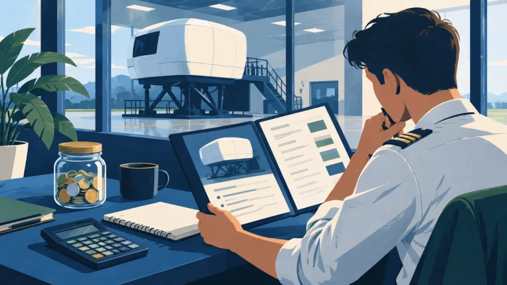 Cartoon illustration of a pilot reviewing training costs before considering a type-rating course.